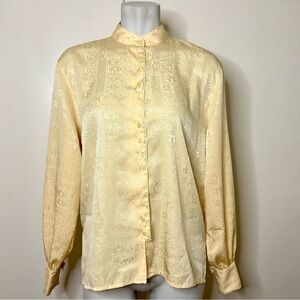 Vintage 80s Satin Polyester Mandarin Collar Cream Button Up Modest Blouse